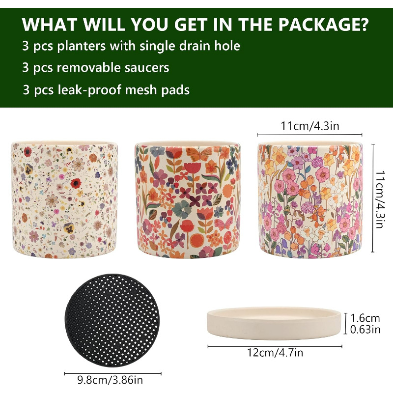 กระถางเซรามิกลายดอกไม้ 3 ชิ้น  - Snake Plant Ceramic บทวิจารณ์และราคา